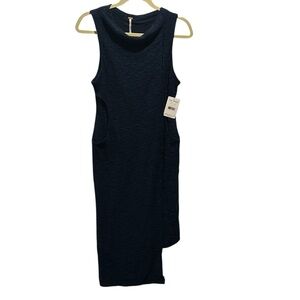 BNWT Free People Cora Sheath Dress Navy Jacquard Asymmetrical Hem POCKETS